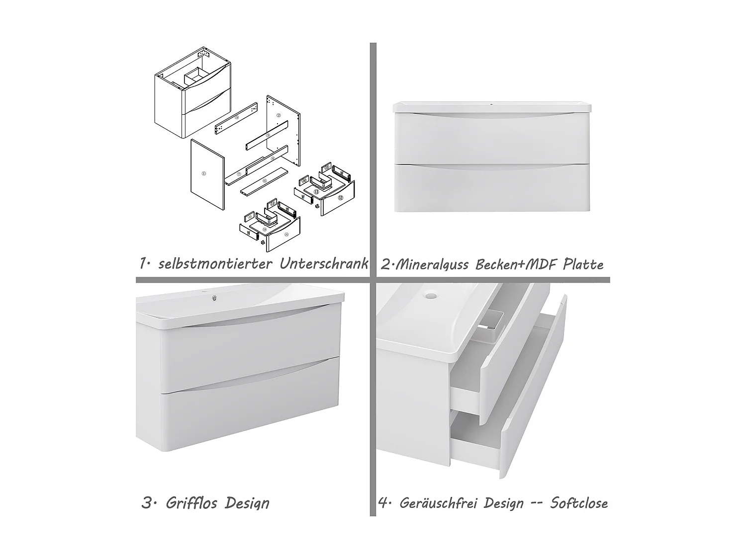 AICA Badezimmerschrank hängend 100cm Mineralguss waschbecken mit Unterschrank - Hochglanz Weiß  - SEMAL