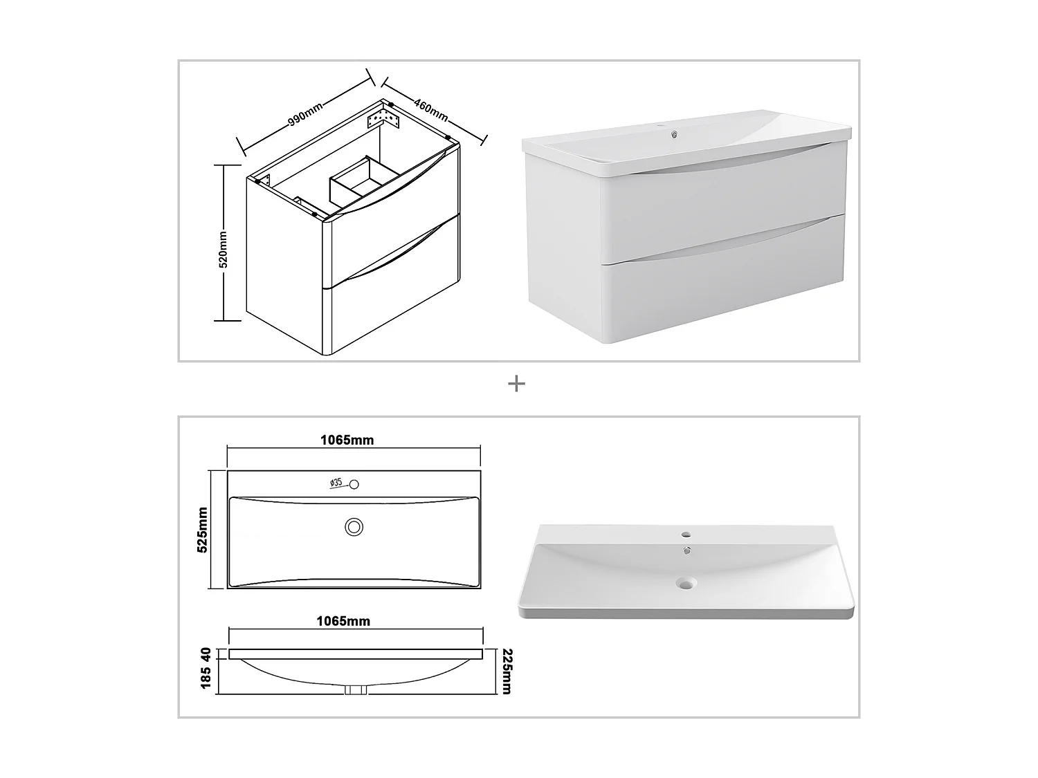 AICA Badezimmerschrank hängend 100cm Mineralguss waschbecken mit Unterschrank - Hochglanz Weiß  - SEMAL