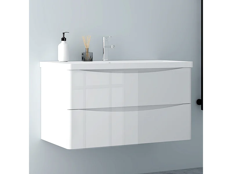 AICA Badezimmerschrank hängend 100cm Mineralguss waschbecken mit Unterschrank - Hochglanz Weiß  - SEMAL