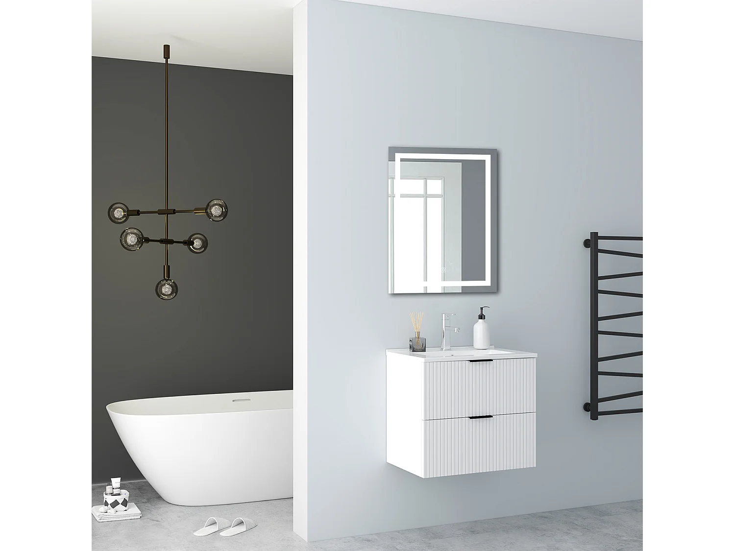 AICA Badmöbel 60cm Dünn Keramik Waschtisch mit Unterschrank hängend - Streifenoptik - Matt Weiß