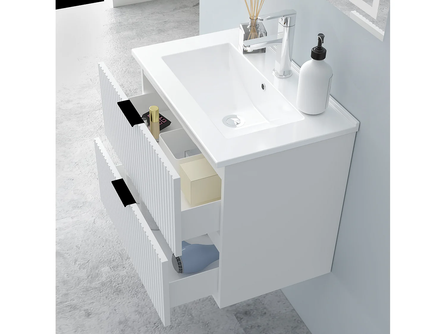 AICA Badmöbel 60cm Dünn Keramik Waschtisch mit Unterschrank hängend - Streifenoptik - Matt Weiß