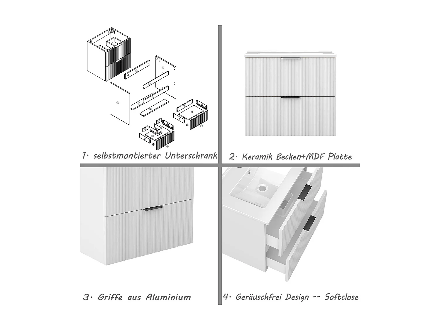 AICA Badmöbel 60cm Dünn Keramik Waschtisch mit Unterschrank hängend - Streifenoptik - Matt Weiß