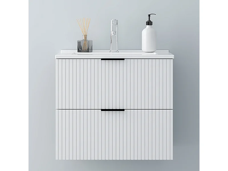 AICA Badmöbel 60cm Dünn Keramik Waschtisch mit Unterschrank hängend - Streifenoptik - Matt Weiß