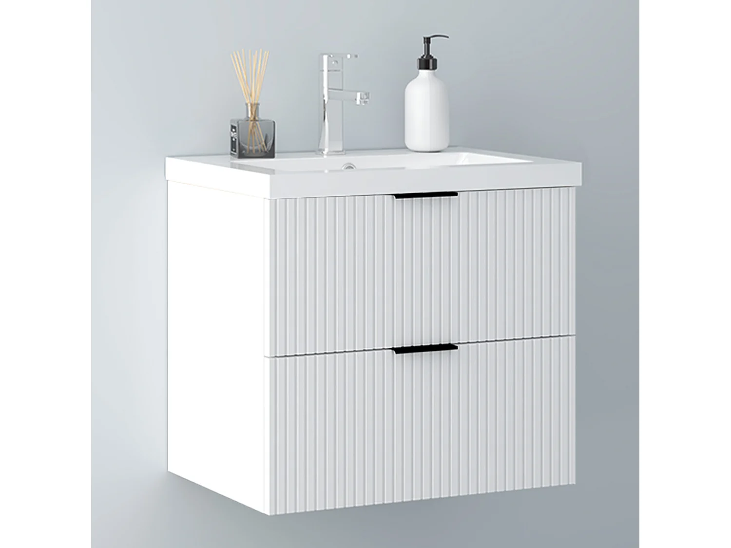 AICA Badmöbel 60cm Mineralguss Waschtisch Waschtisch mit Unterschrank hängend - Streifenoptik - Matt Weiß