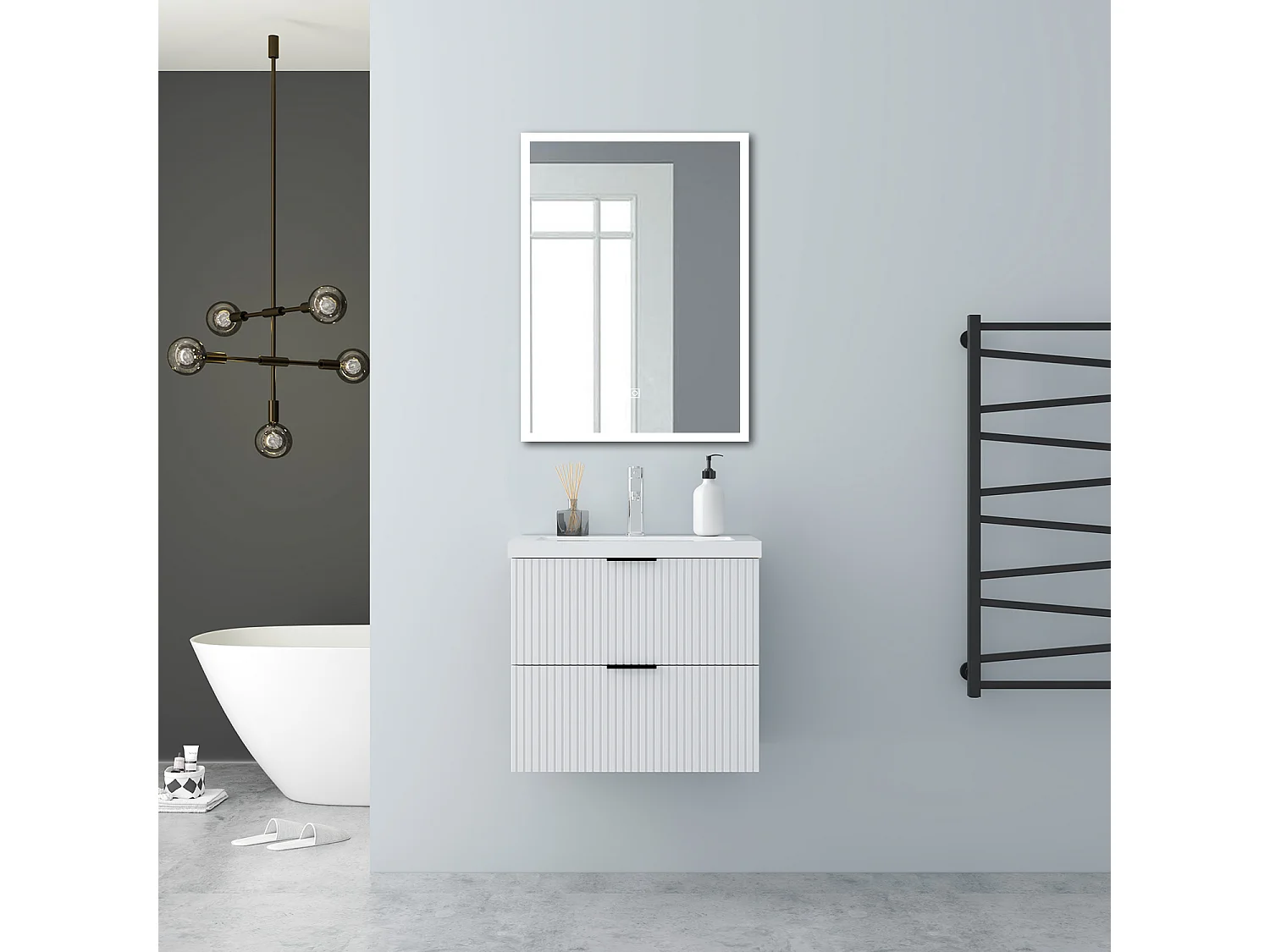 AICA Badmöbel 60cm Mineralguss Waschtisch Waschtisch mit Unterschrank hängend - Streifenoptik - Matt Weiß