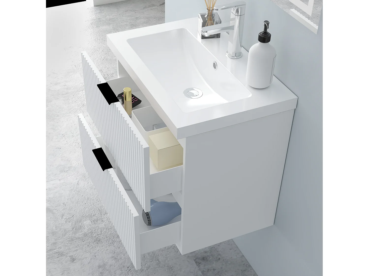 AICA Badmöbel 60cm Mineralguss Waschtisch Waschtisch mit Unterschrank hängend - Streifenoptik - Matt Weiß