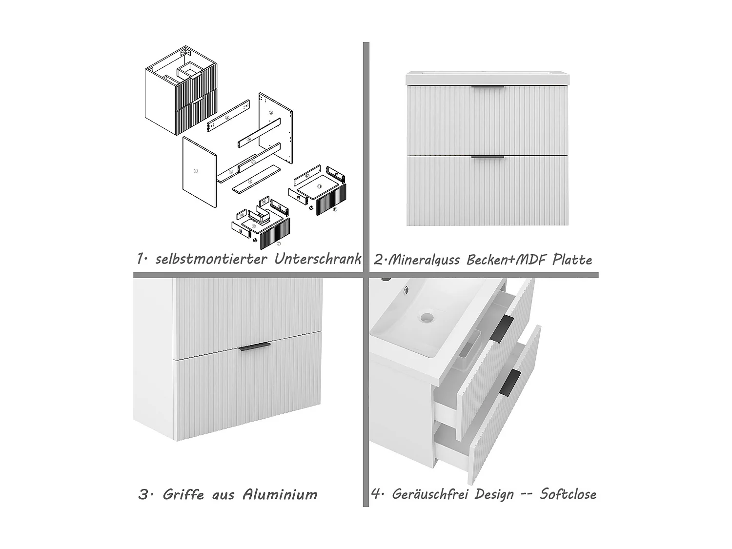 AICA Badmöbel 60cm Mineralguss Waschtisch Waschtisch mit Unterschrank hängend - Streifenoptik - Matt Weiß