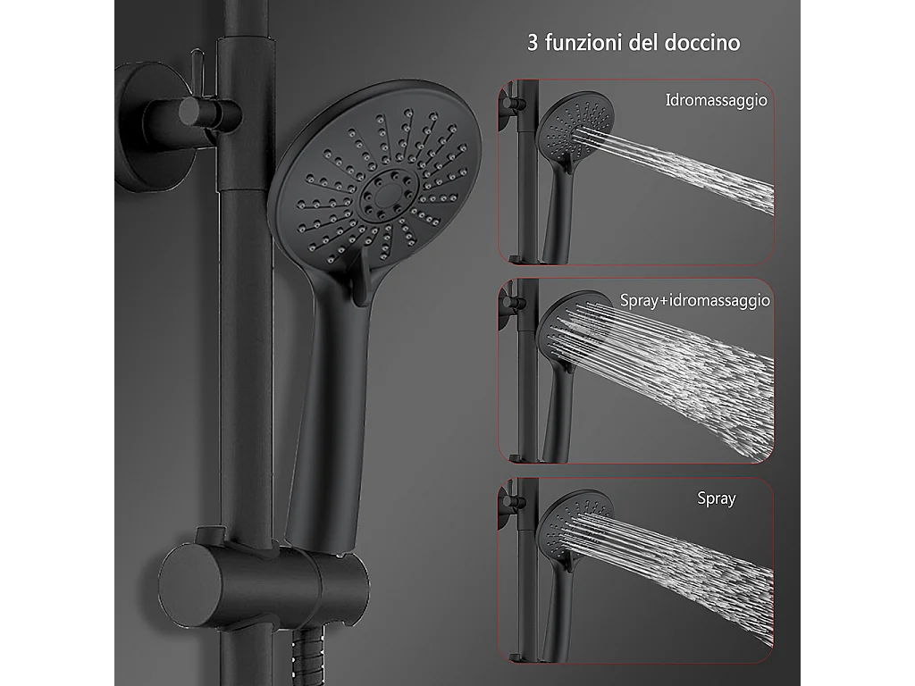 Colonne doccia nero, soffione doccia rotondo da 20cm acciaio inox, miscelatore termostatico doccia tondo antiscottature