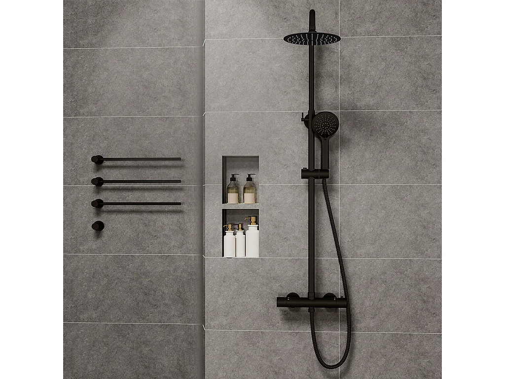 Colonne doccia nero, soffione doccia rotondo da 20cm acciaio inox, miscelatore termostatico doccia tondo antiscottature