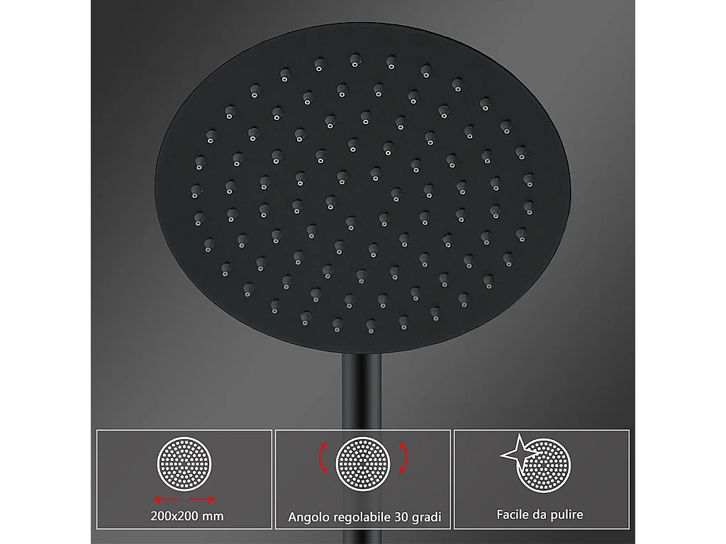 Colonne doccia nero, soffione doccia rotondo da 20cm acciaio inox, miscelatore termostatico doccia tondo antiscottature