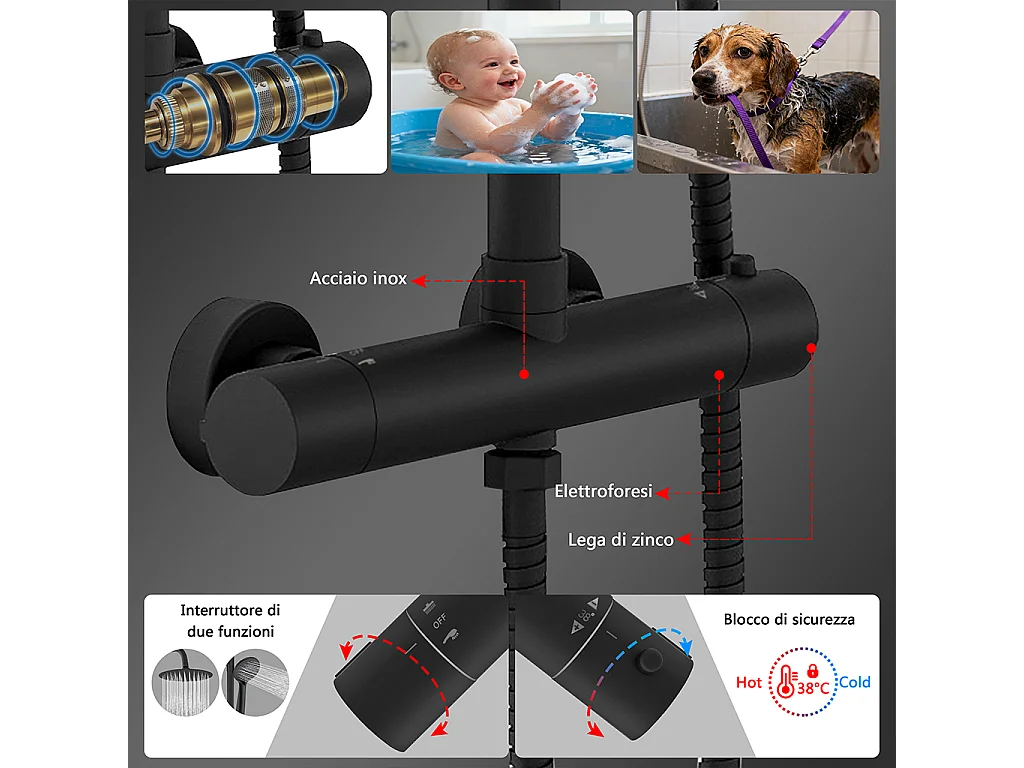Colonne doccia nero, soffione doccia rotondo da 20cm acciaio inox, miscelatore termostatico doccia tondo antiscottature