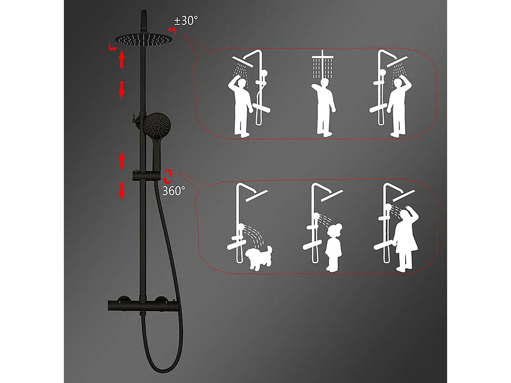 Colonne doccia nero, soffione doccia rotondo da 20cm acciaio inox, miscelatore termostatico doccia tondo antiscottature