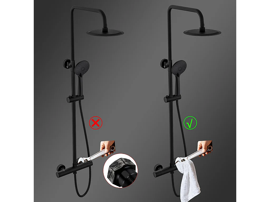 Colonne doccia nero, soffione doccia rotondo da 20cm acciaio inox, miscelatore termostatico doccia tondo antiscottature