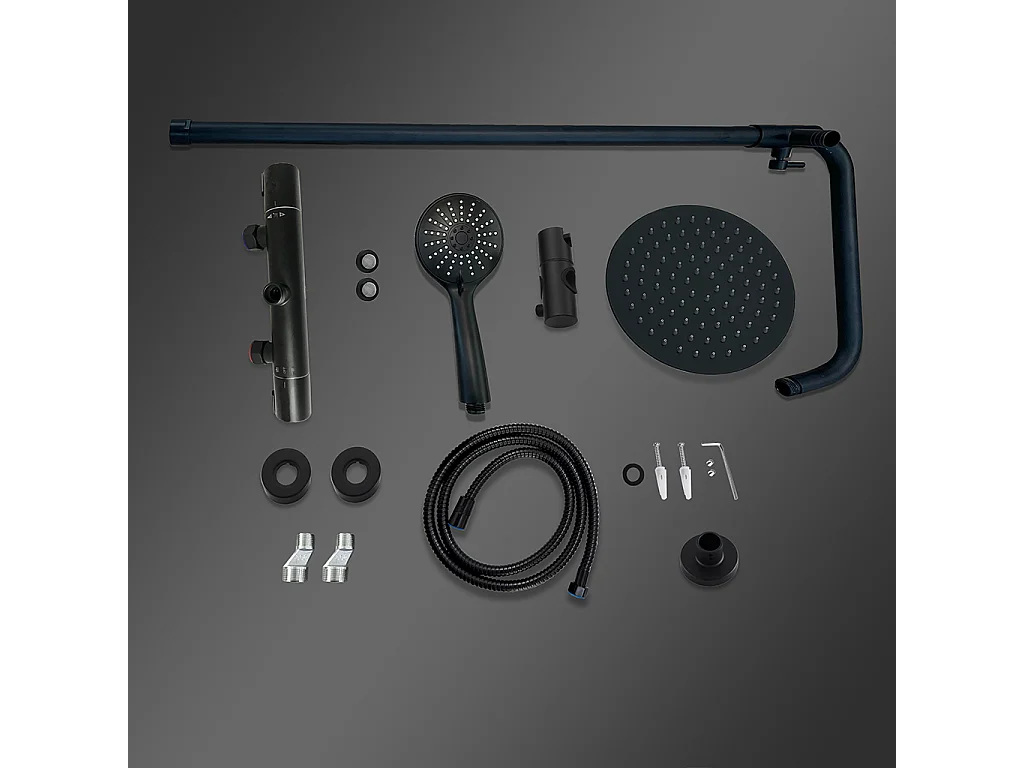 Colonne doccia nero, soffione doccia rotondo da 20cm acciaio inox, miscelatore termostatico doccia tondo antiscottature