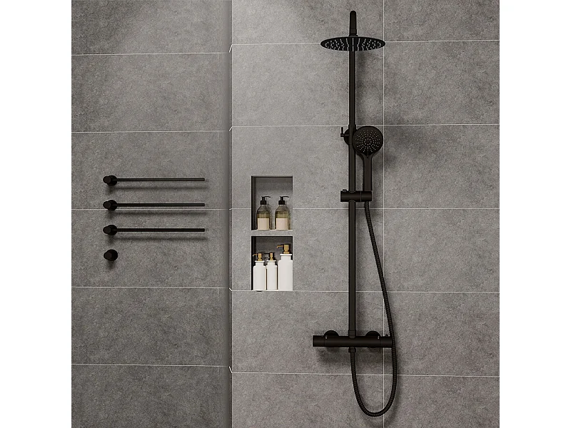 Colonne doccia nero, soffione doccia rotondo da 20cm acciaio inox, miscelatore termostatico doccia tondo antiscottature