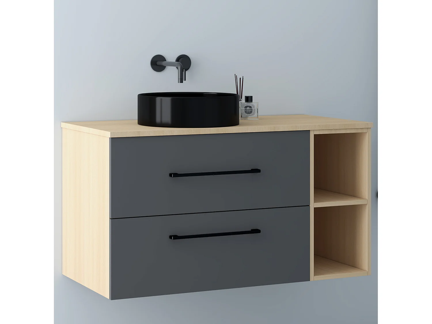 AICA Badezimmerschrank hängend mit Schwarz Keramik Aufsatzwaschbecken - 100cm - Eiche/Dunkelgrau