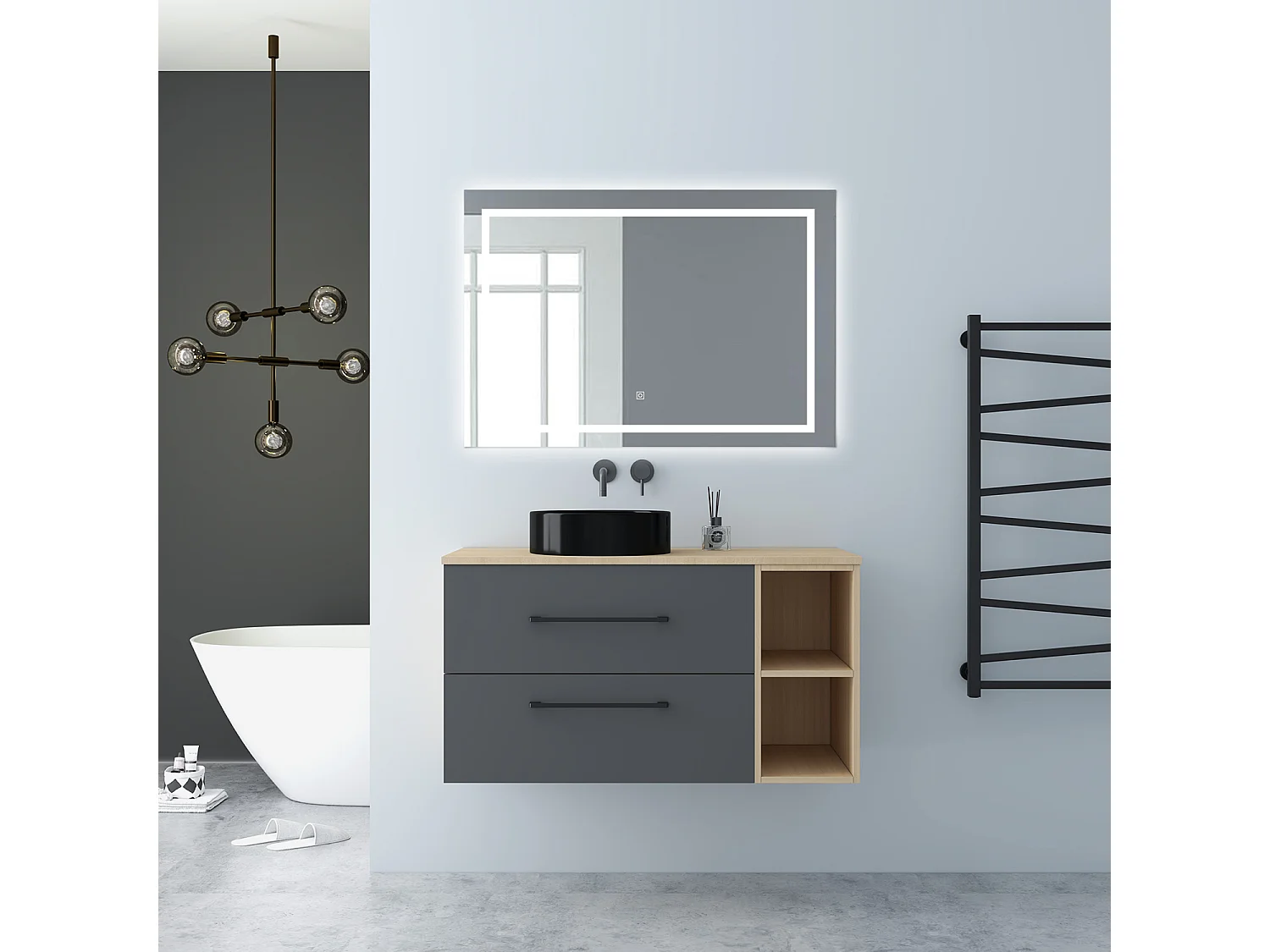 AICA Badezimmerschrank hängend mit Schwarz Keramik Aufsatzwaschbecken - 100cm - Eiche/Dunkelgrau