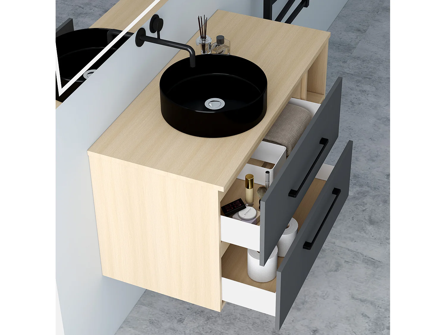 AICA Badezimmerschrank hängend mit Schwarz Keramik Aufsatzwaschbecken - 100cm - Eiche/Dunkelgrau