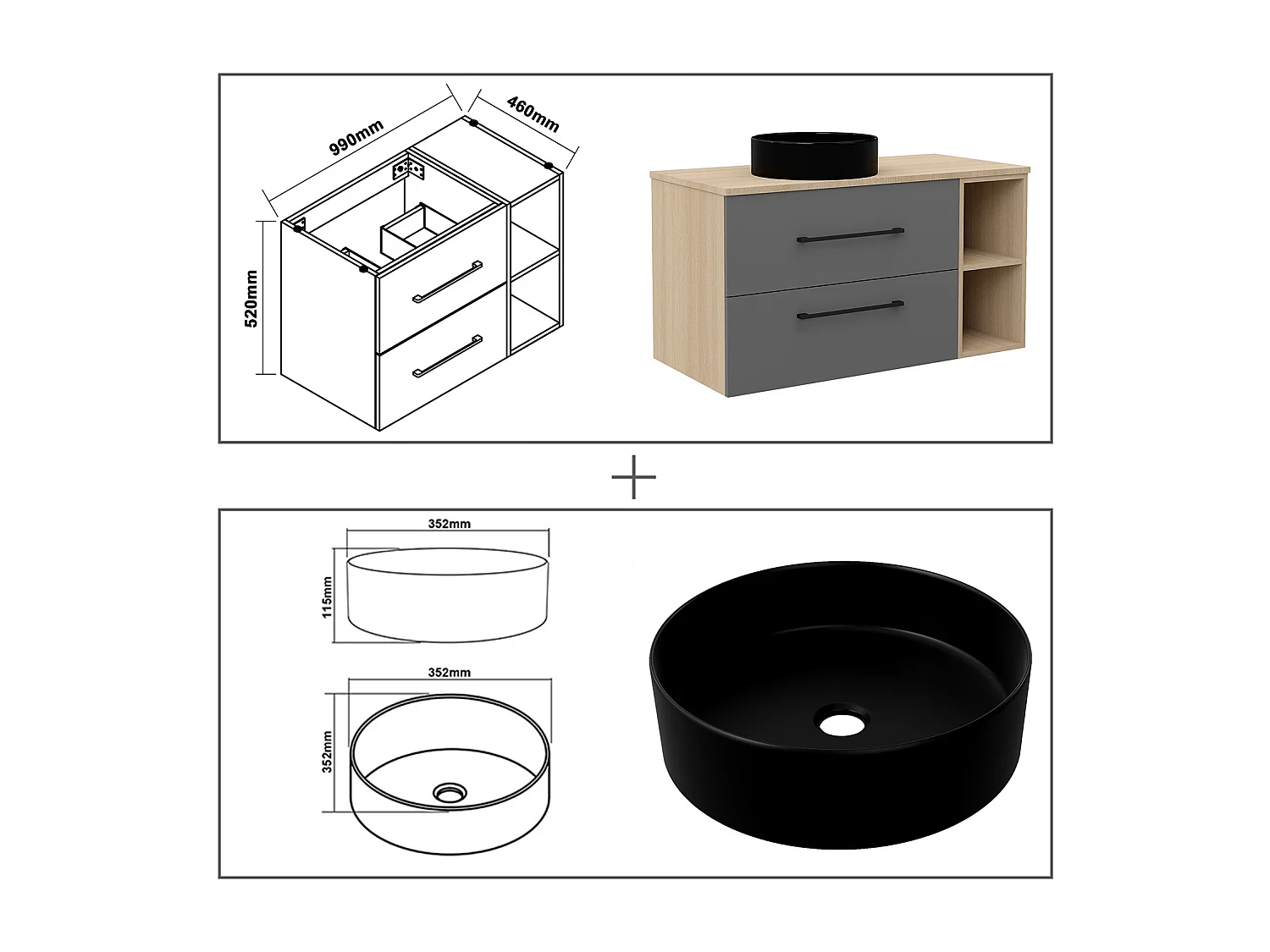 AICA Badezimmerschrank hängend mit Schwarz Keramik Aufsatzwaschbecken - 100cm - Eiche/Dunkelgrau