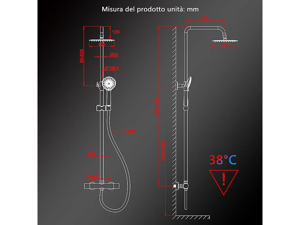 Colonne doccia cromo, soffione doccia quadrato 20x20cm acciaio inox, miscelatore termostatico doccia tondo antiscottature
