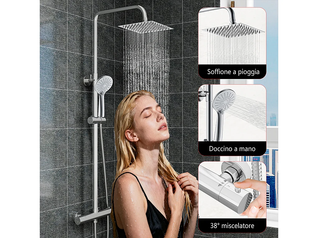 Colonne doccia cromo, soffione doccia quadrato 20x20cm acciaio inox, miscelatore termostatico doccia tondo antiscottature