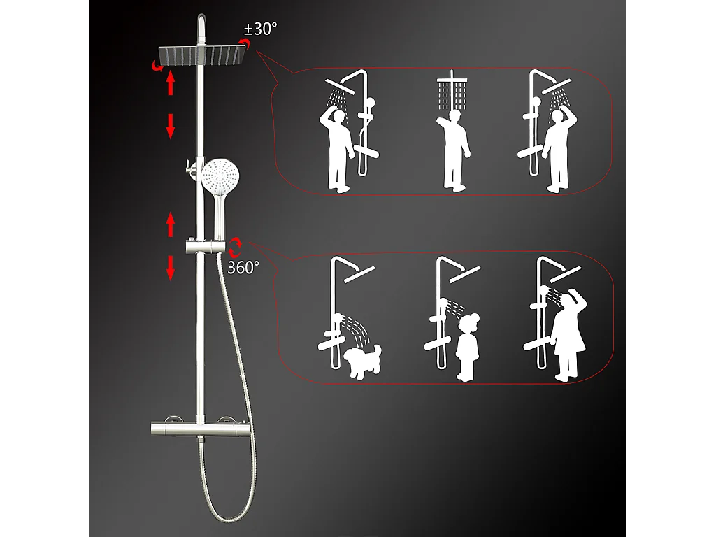 Colonne doccia cromo, soffione doccia quadrato 20x20cm acciaio inox, miscelatore termostatico doccia tondo antiscottature