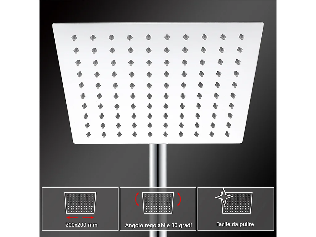 Colonne doccia cromo, soffione doccia quadrato 20x20cm acciaio inox, saliscendi doccia tondo regolabile 75-125cm
