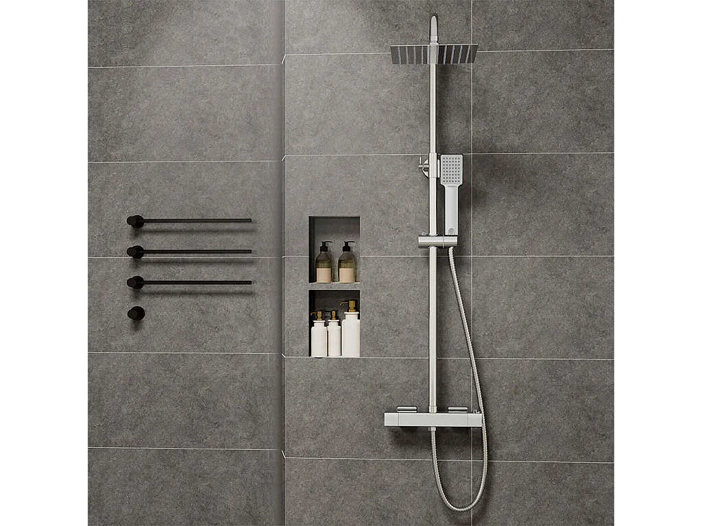 Colonne doccia cromo, soffione doccia quadrato 20x20cm acciaio inox, saliscendi doccia tondo regolabile 75-125cm