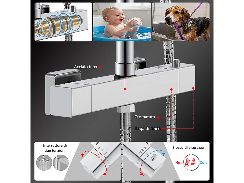 Colonne doccia cromo, soffione doccia quadrato 20x20cm acciaio inox, saliscendi doccia tondo regolabile 75-125cm