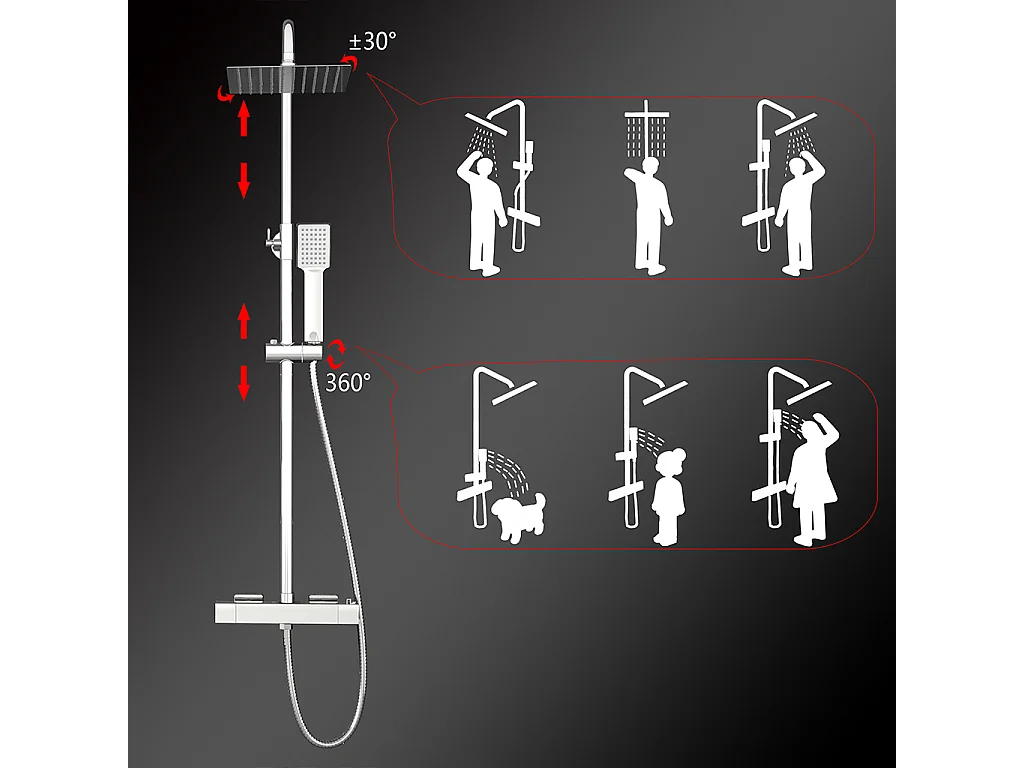 Colonne doccia cromo, soffione doccia quadrato 20x20cm acciaio inox, saliscendi doccia tondo regolabile 75-125cm