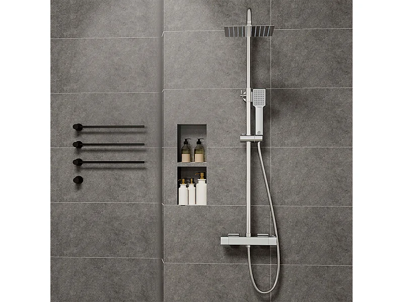 Colonne doccia cromo, soffione doccia quadrato 20x20cm acciaio inox, saliscendi doccia tondo regolabile 75-125cm