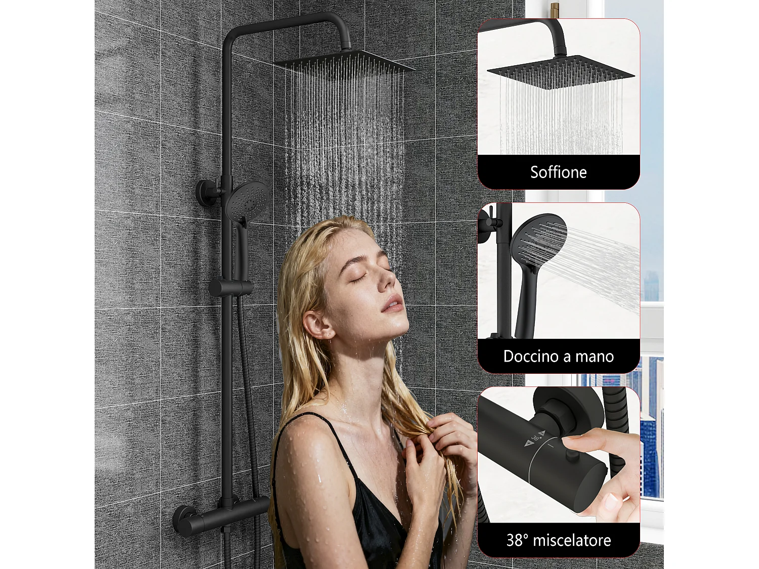 Colonne doccia nero, soffione doccia quadrato 20x20cm acciaio inox, miscelatore termostatico doccia tondo antiscottature