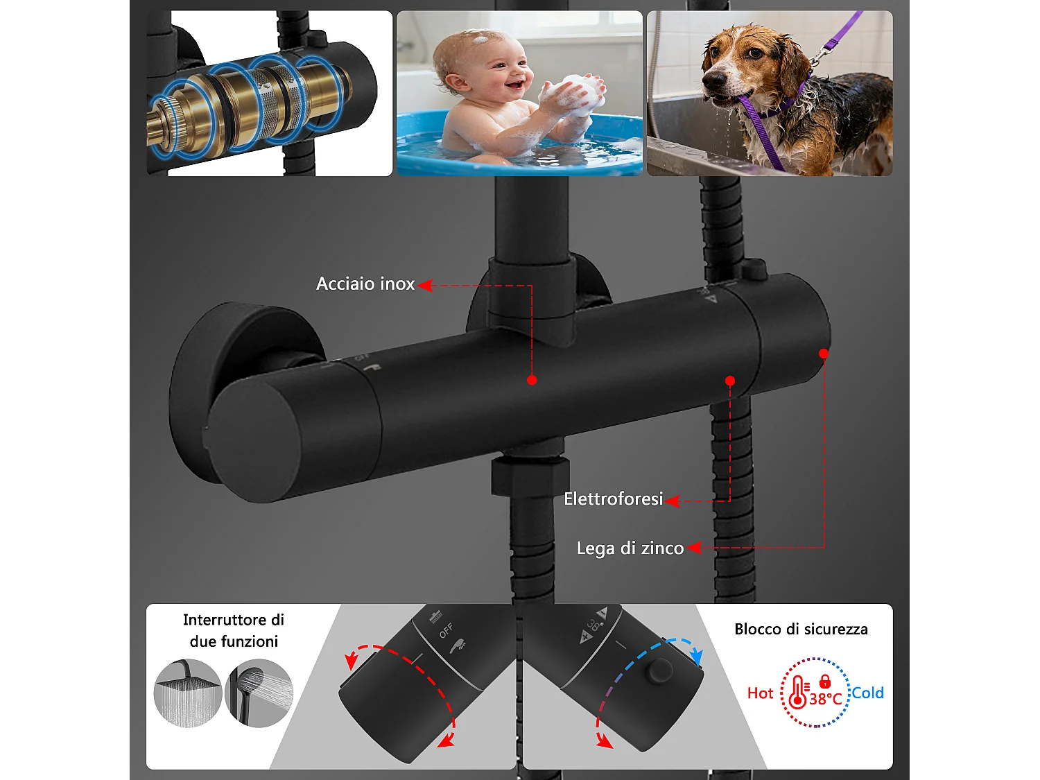 Colonne doccia nero, soffione doccia quadrato 20x20cm acciaio inox, miscelatore termostatico doccia tondo antiscottature