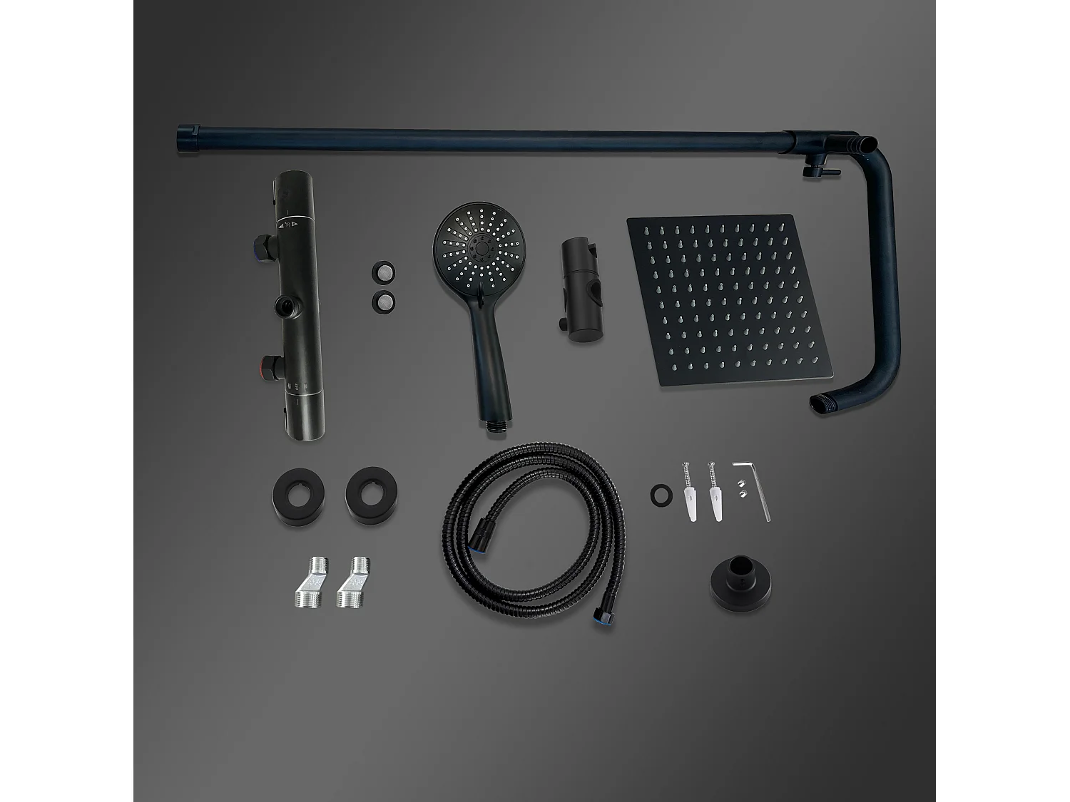 Colonne doccia nero, soffione doccia quadrato 20x20cm acciaio inox, miscelatore termostatico doccia tondo antiscottature