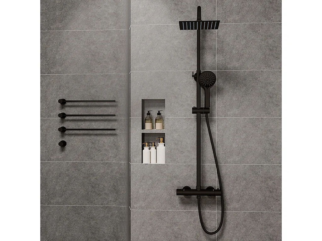 Colonne doccia nero, soffione doccia quadrato 20x20cm acciaio inox, miscelatore termostatico doccia tondo antiscottature