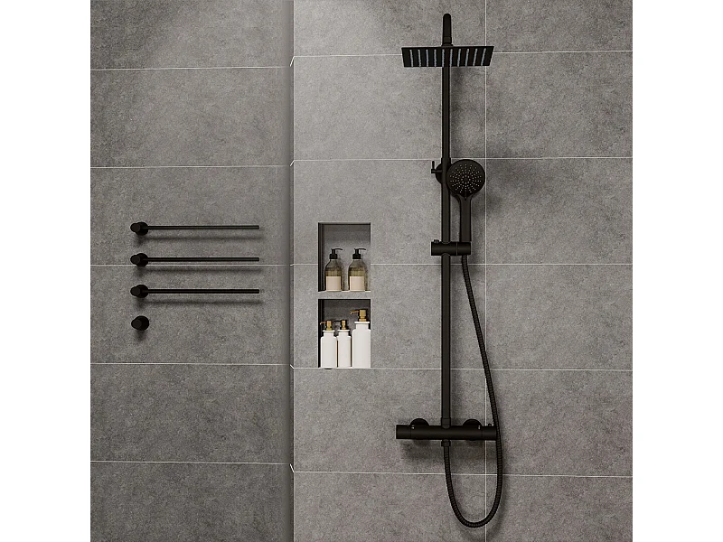 Colonne doccia nero, soffione doccia quadrato 20x20cm acciaio inox, miscelatore termostatico doccia tondo antiscottature