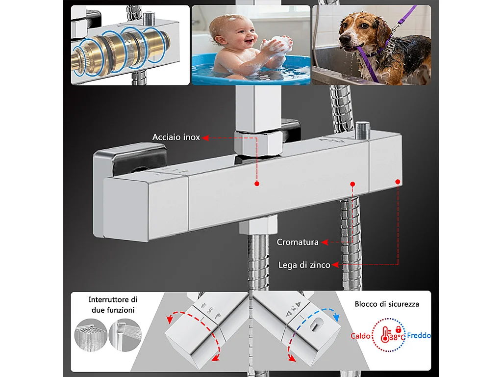 Colonne doccia cromo, soffione doccia quadrato 20x20cm acciaio inox, miscelatore termostatico doccia rettangolo antiscottature