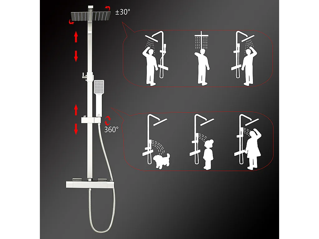 Colonne doccia cromo, soffione doccia quadrato 20x20cm acciaio inox, miscelatore termostatico doccia rettangolo antiscottature