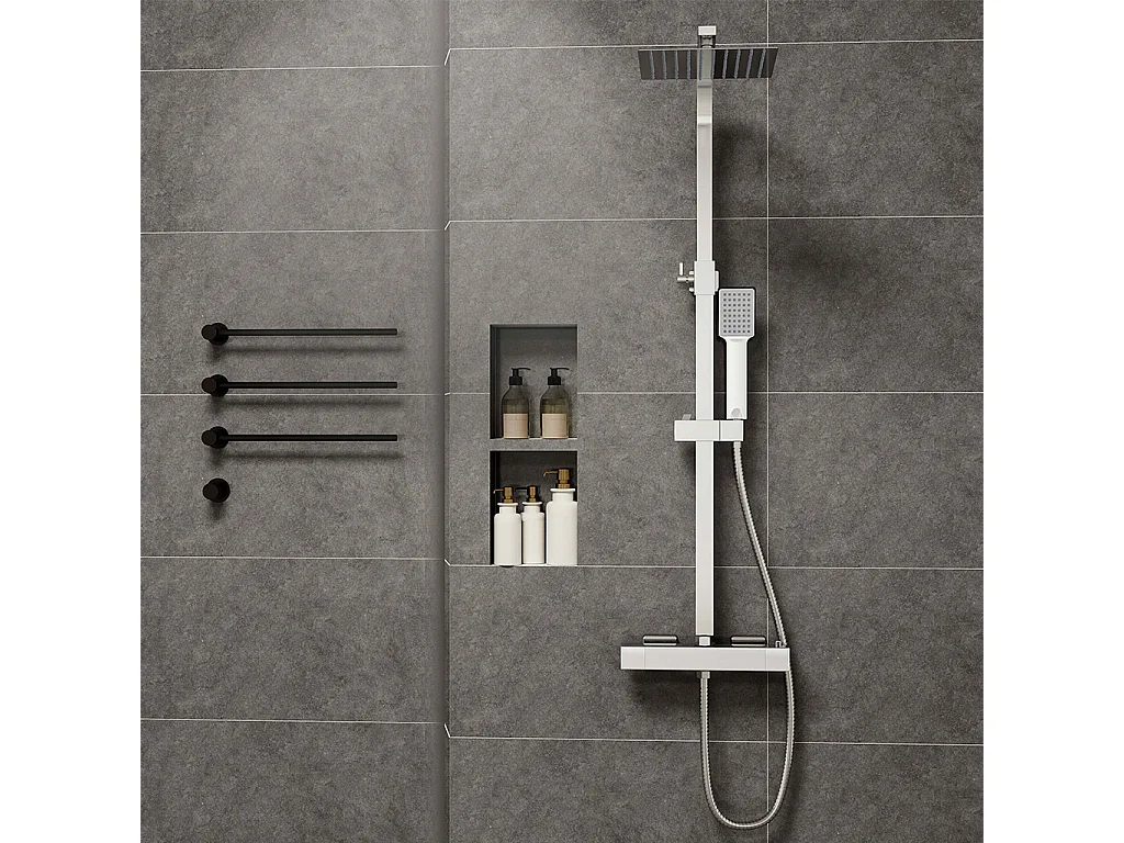 Colonne doccia cromo, soffione doccia quadrato 20x20cm acciaio inox, miscelatore termostatico doccia rettangolo antiscottature