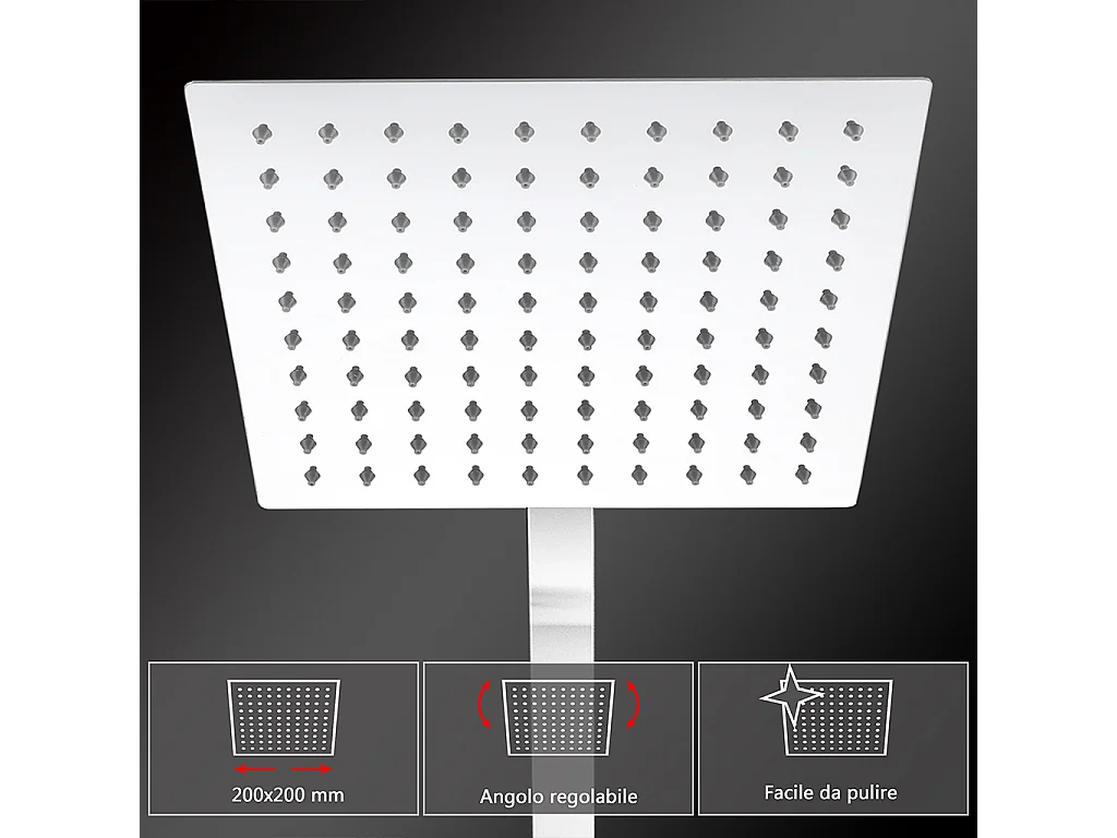 Colonne doccia cromo, soffione doccia quadrato 20x20cm acciaio inox, miscelatore termostatico doccia rettangolo antiscottature