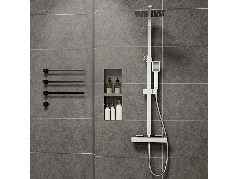 Colonne doccia cromo, soffione doccia quadrato 20x20cm acciaio inox, miscelatore termostatico doccia rettangolo antiscottature