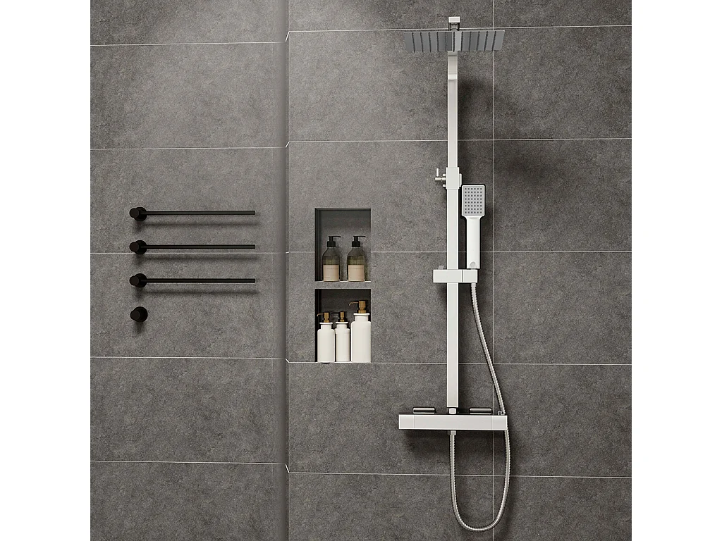 Colonne doccia cromo, soffione doccia quadrato 25x25cm acciaio inox, miscelatore termostatico doccia rettangolo antiscottature