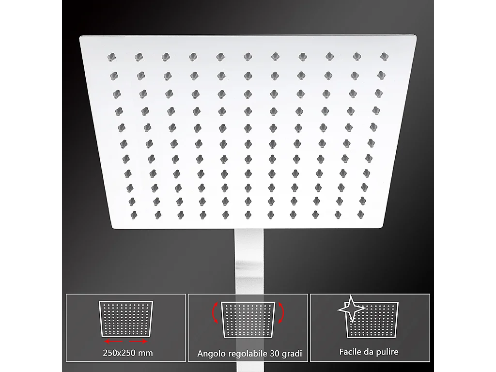 Colonne doccia cromo, soffione doccia quadrato 25x25cm acciaio inox, miscelatore termostatico doccia rettangolo antiscottature