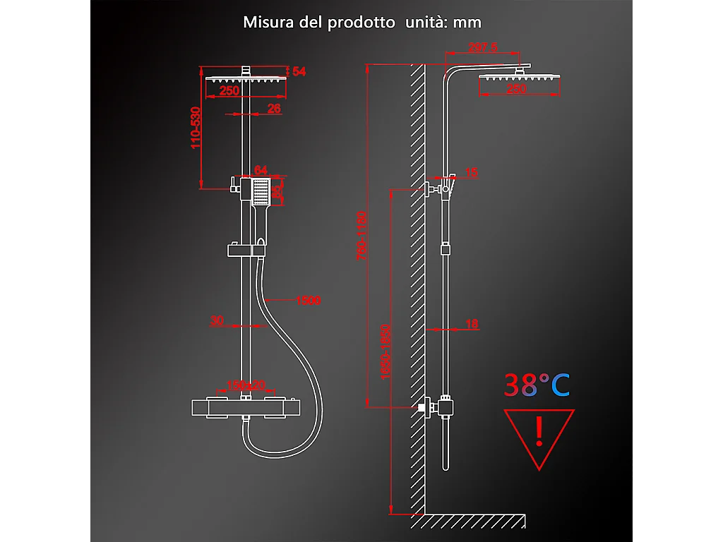 Colonne doccia cromo, soffione doccia quadrato 25x25cm acciaio inox, miscelatore termostatico doccia rettangolo antiscottature