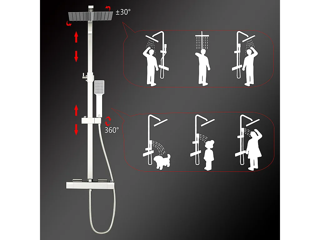 Colonne doccia cromo, soffione doccia quadrato 25x25cm acciaio inox, miscelatore termostatico doccia rettangolo antiscottature