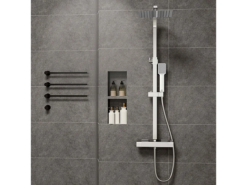 Colonne doccia cromo, soffione doccia quadrato 25x25cm acciaio inox, miscelatore termostatico doccia rettangolo antiscottature