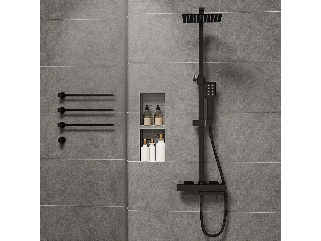 Colonne doccia nero, soffione doccia quadrato 20x20cm acciaio inox, miscelatore termostatico doccia rettangolo antiscottature