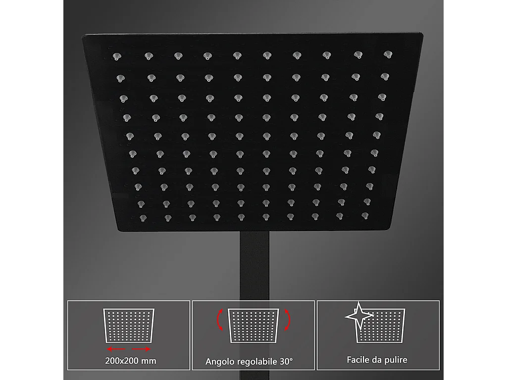 Colonne doccia nero, soffione doccia quadrato 20x20cm acciaio inox, miscelatore termostatico doccia rettangolo antiscottature