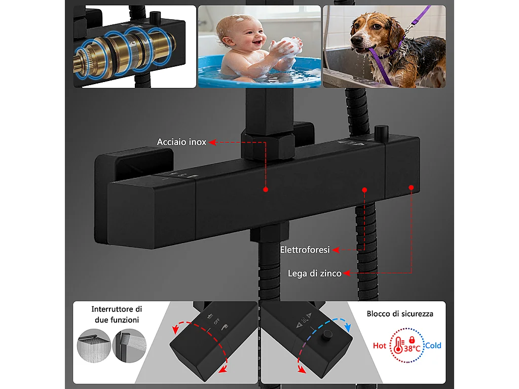 Colonne doccia nero, soffione doccia quadrato 20x20cm acciaio inox, miscelatore termostatico doccia rettangolo antiscottature