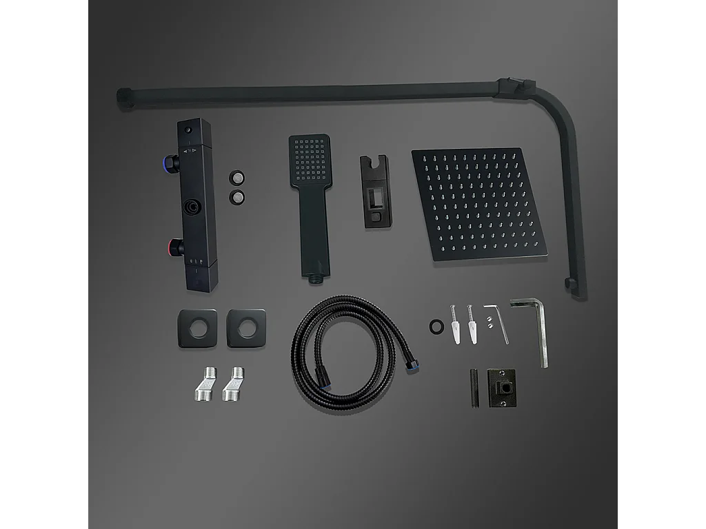 Colonne doccia nero, soffione doccia quadrato 20x20cm acciaio inox, miscelatore termostatico doccia rettangolo antiscottature